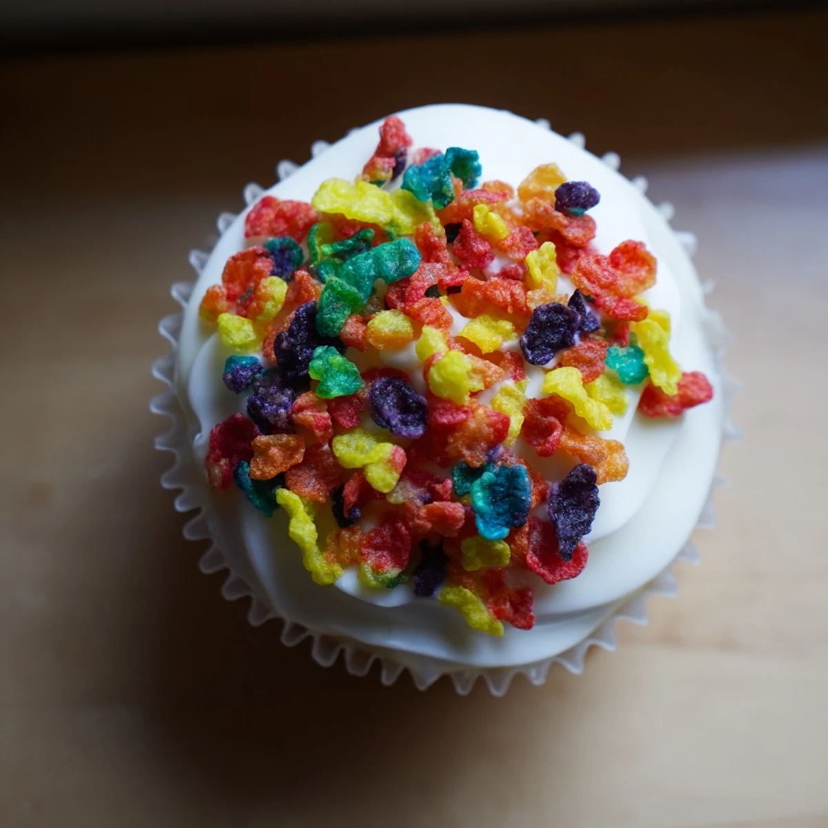 Vibrant Fruity Pebbles frosting piped high on chocolate cupcakes showcasing rainbow flecks throughout