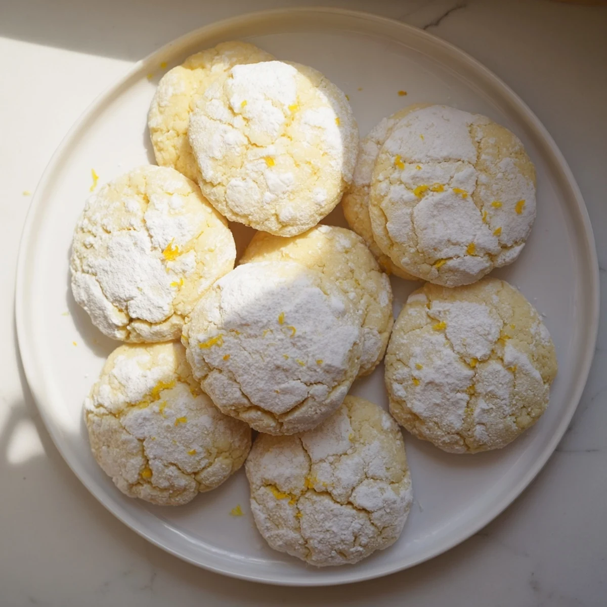 Golden soft chewy lemon cookies dusted with powdered sugar on a white plate