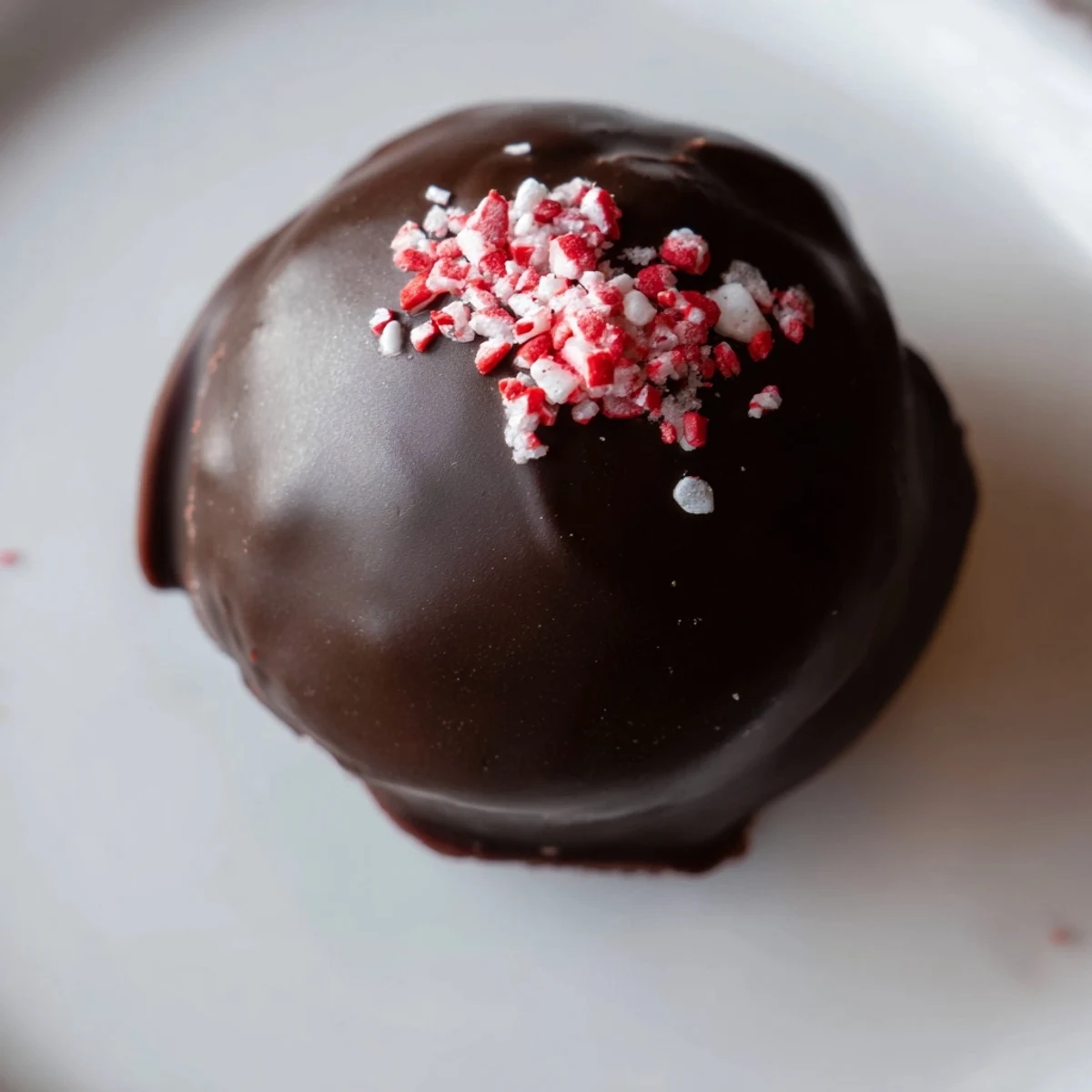 Handheld red velvet cheesecake balls with glossy chocolate coating and colorful sprinkle decoration