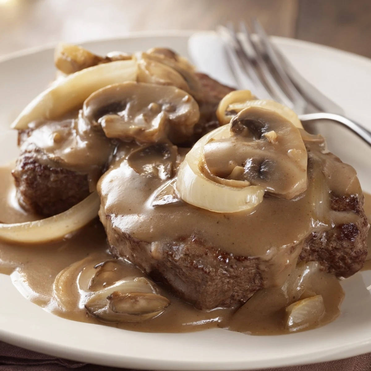 Tender cube steaks smothered in rich onion mushroom gravy served over fluffy mashed potatoes