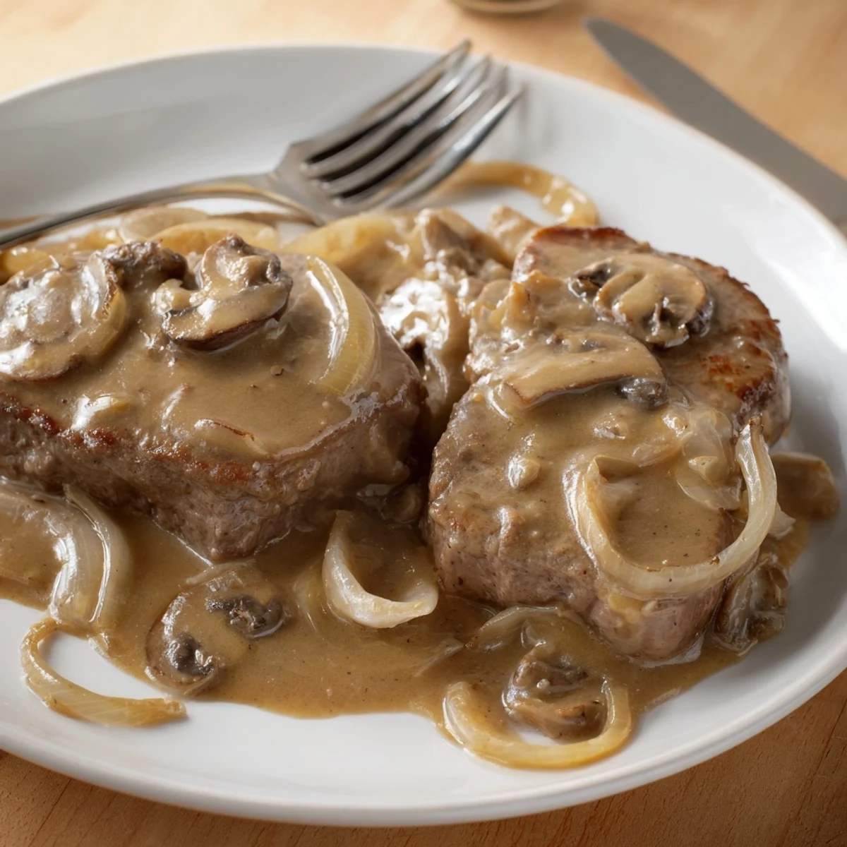 Southern style cube steak with onions and mushrooms in creamy gravy garnished with fresh parsley