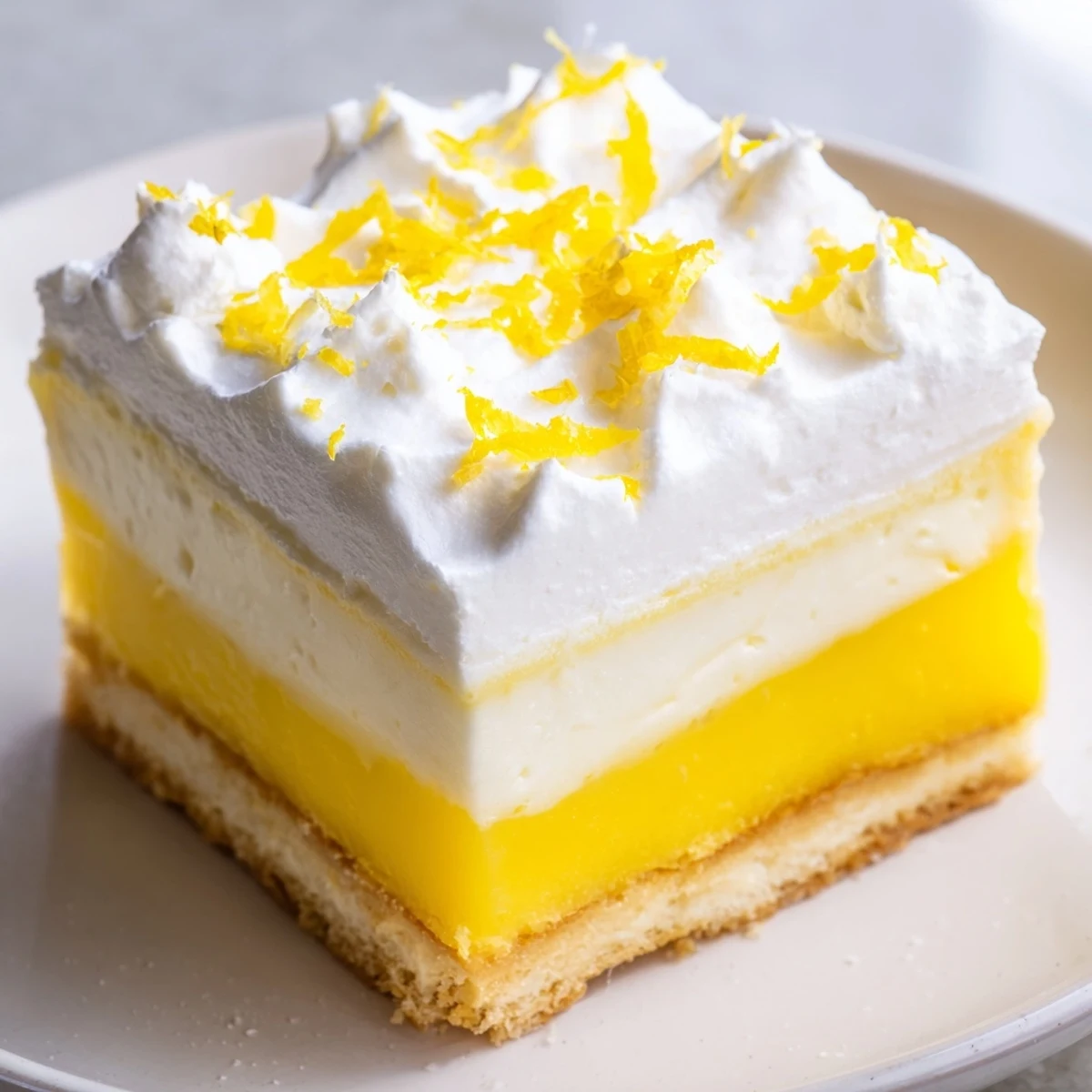 Layered lemon lush cake dessert with creamy lemon pudding and whipped cream on a buttery crust