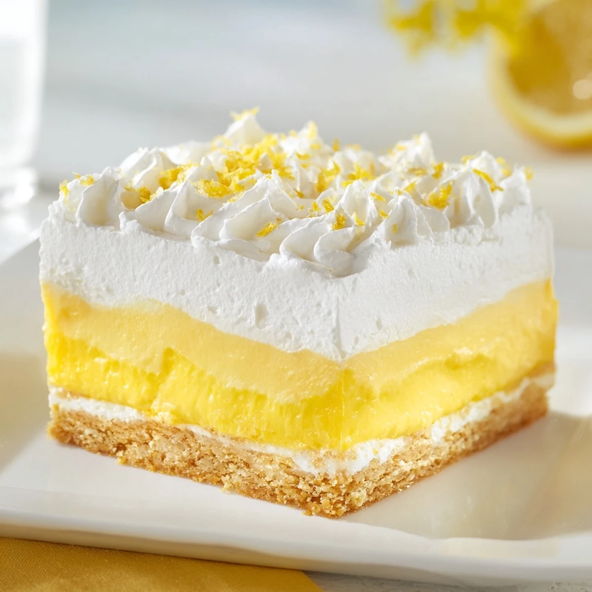 Golden square of lemon lush cake with fluffy white topping and zesty garnish on white plate