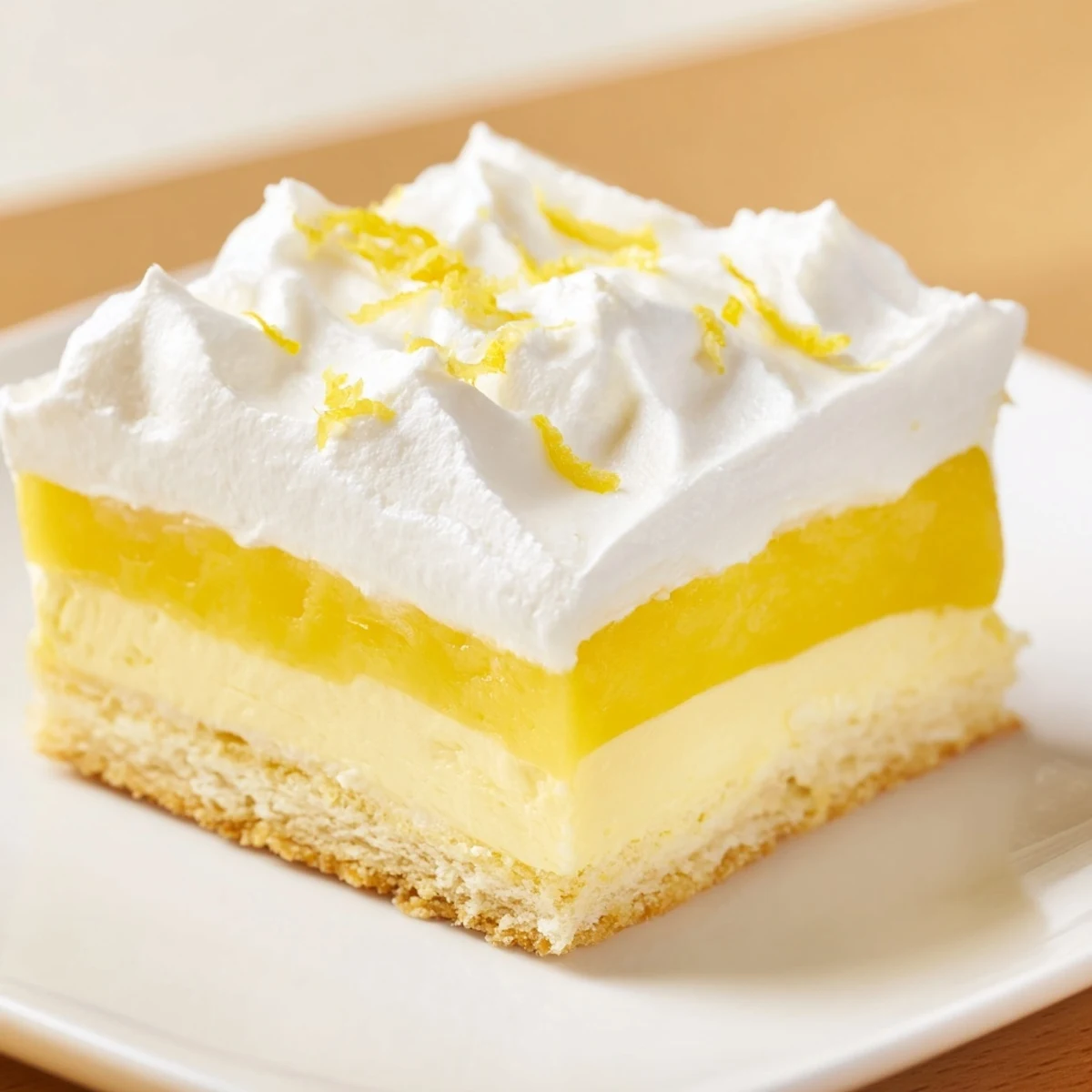 Slice of chilled lemon lush cake showing distinct layers of cream cheese filling and bright lemon zest