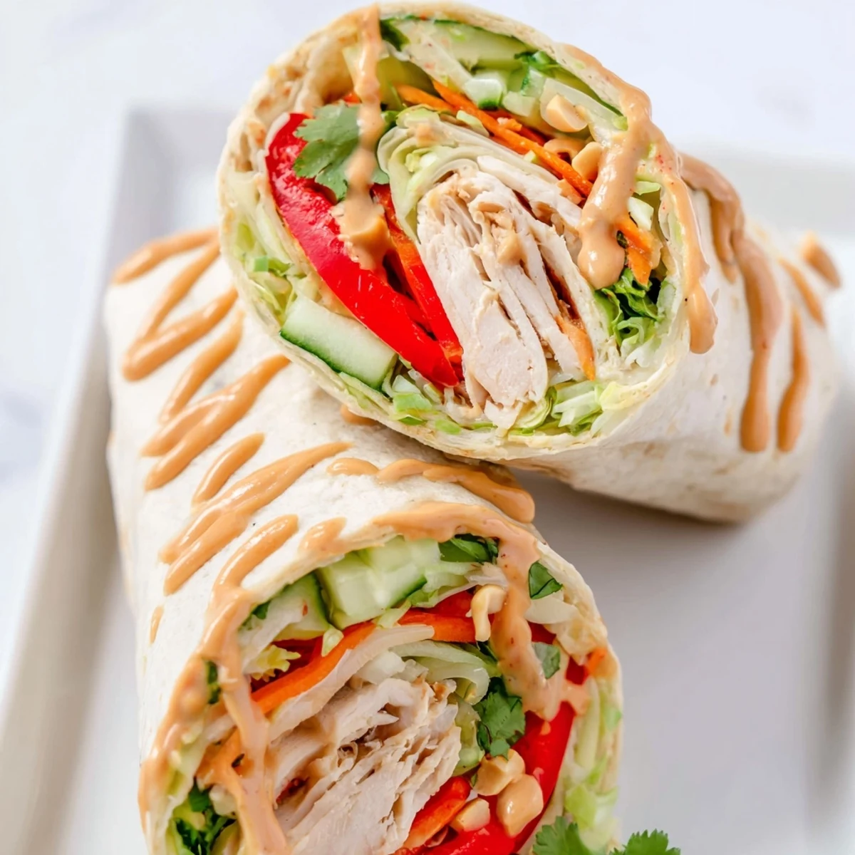 Fresh Thai peanut chicken wraps wrapped in flour tortillas with crisp colorful vegetables and creamy peanut sauce drizzle