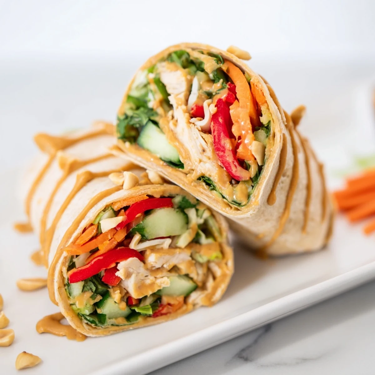 Sliced grilled chicken breast layered with crunchy carrots peppers and cucumber inside Thai peanut chicken wraps with cilantro garnish