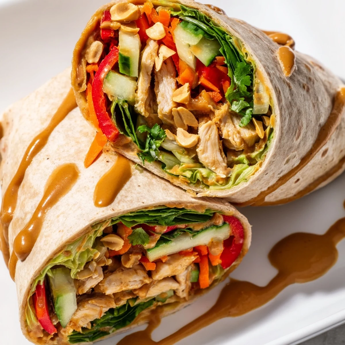 Thai peanut chicken wraps halved on white plate showing vibrant vegetable filling and smooth peanut butter sauce coating