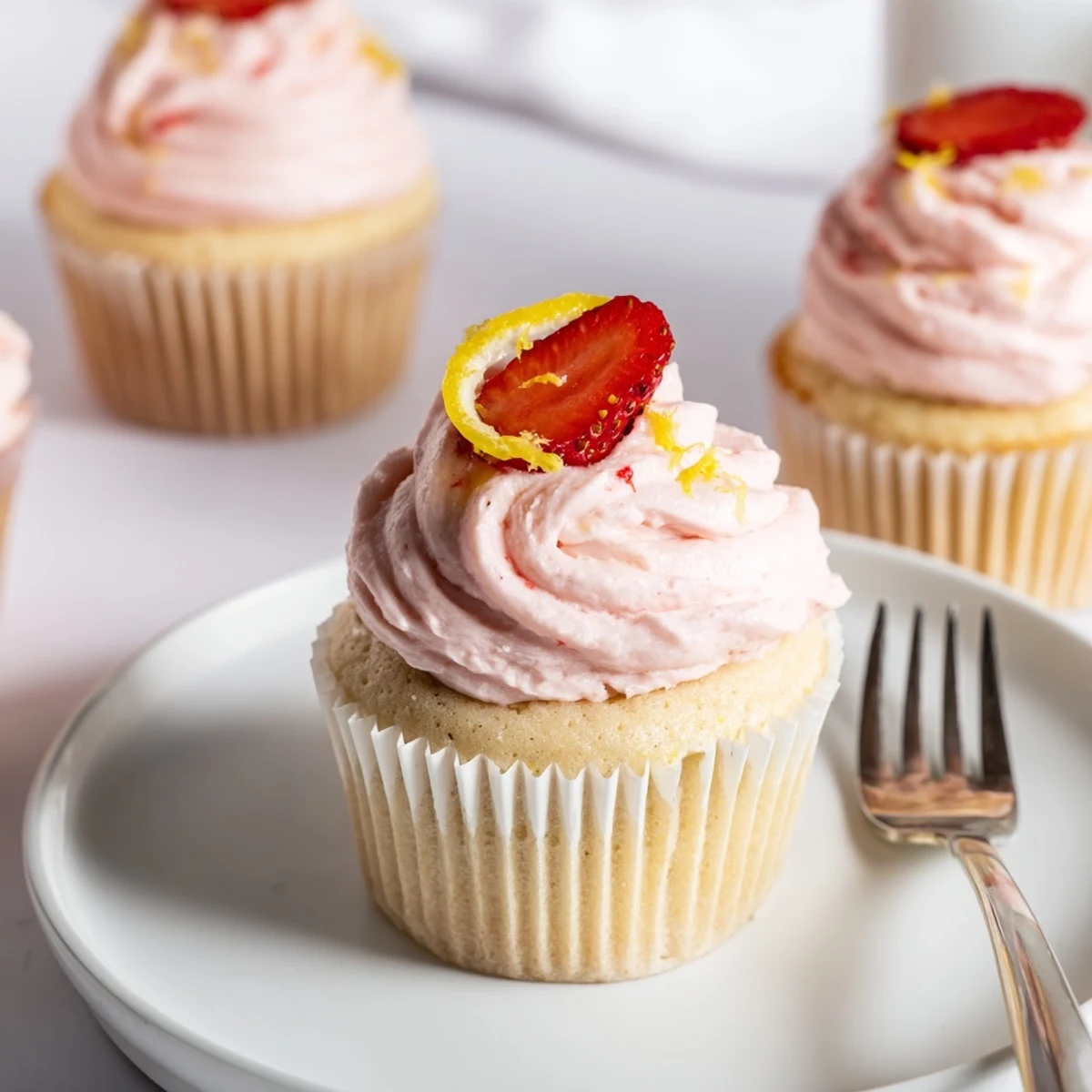 Pink frosted strawberry lemonade cupcakes garnished with fresh strawberry slices on a white plate