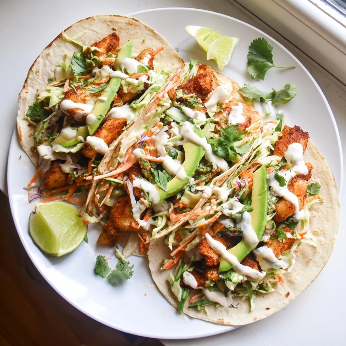 Golden baked cod fish tacos topped with colorful cabbage slaw and creamy lime drizzle