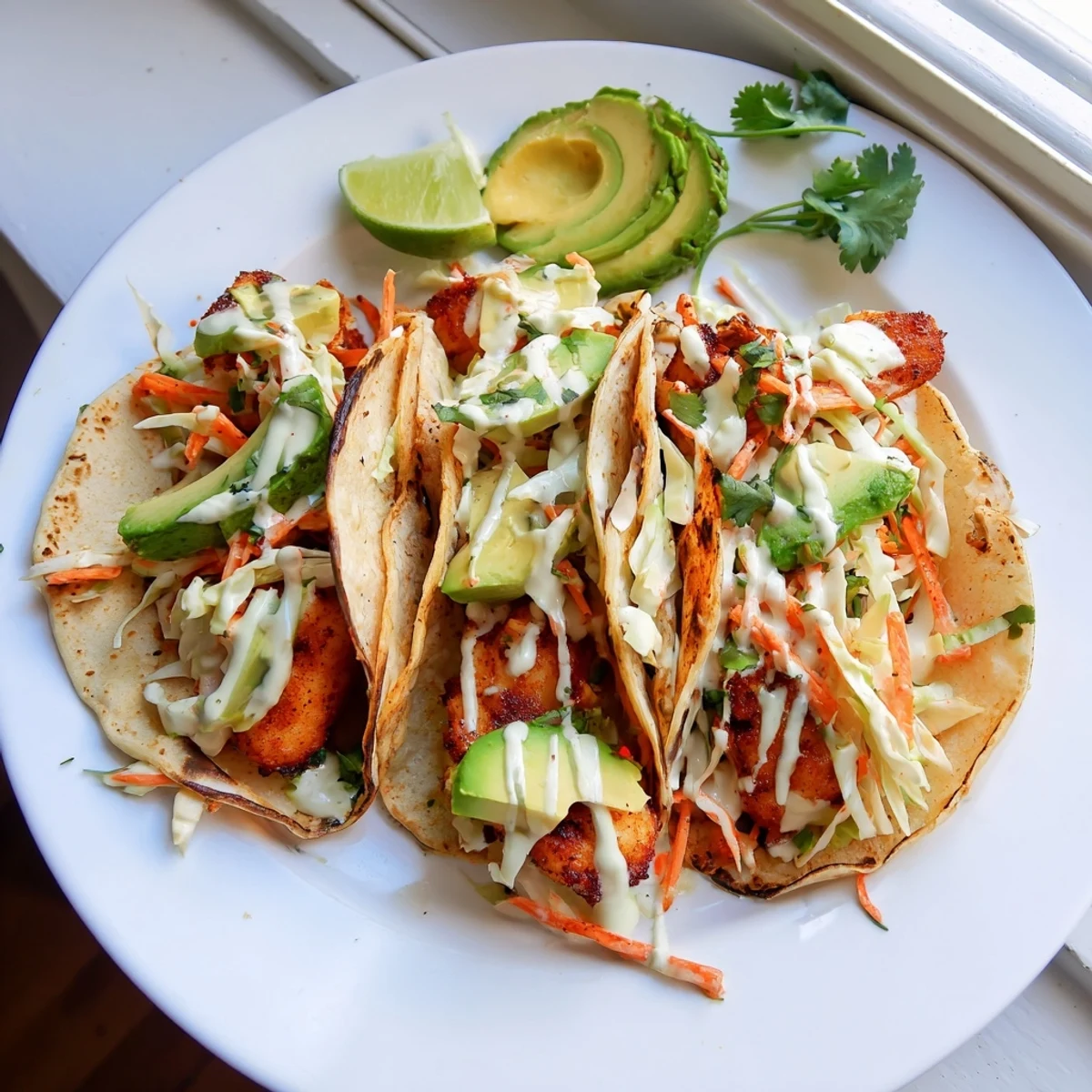 Flaky oven-baked cod nestled in warm tortillas with fresh citrus crema and crisp vegetables