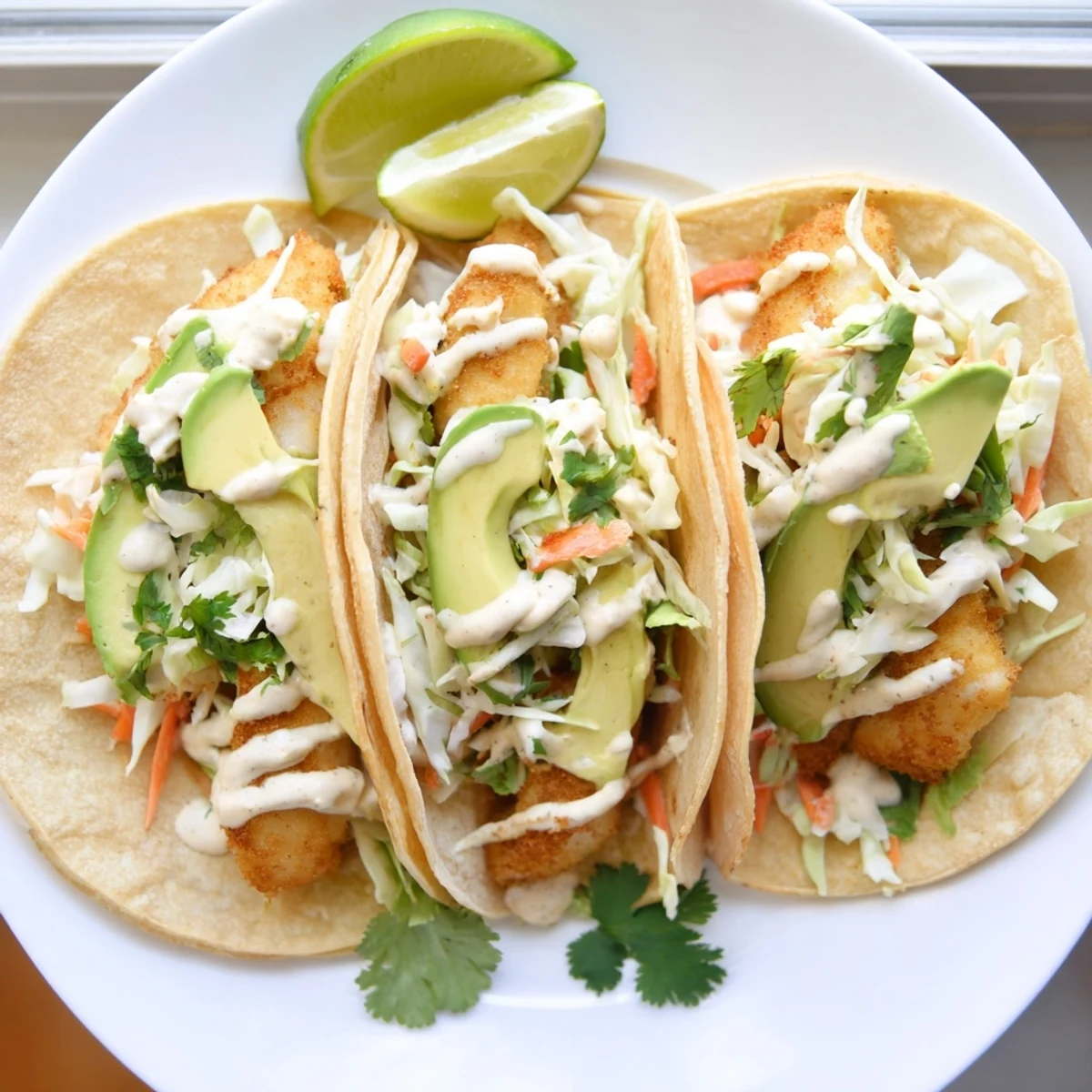Delicious baked cod fish tacos piled high with tangy slaw and zesty lime crema sauce