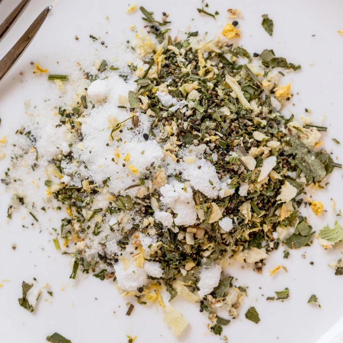 Spoonful of dehydrated tzatziki mix with dried herbs and lemon zest ready to stir into Greek yogurt