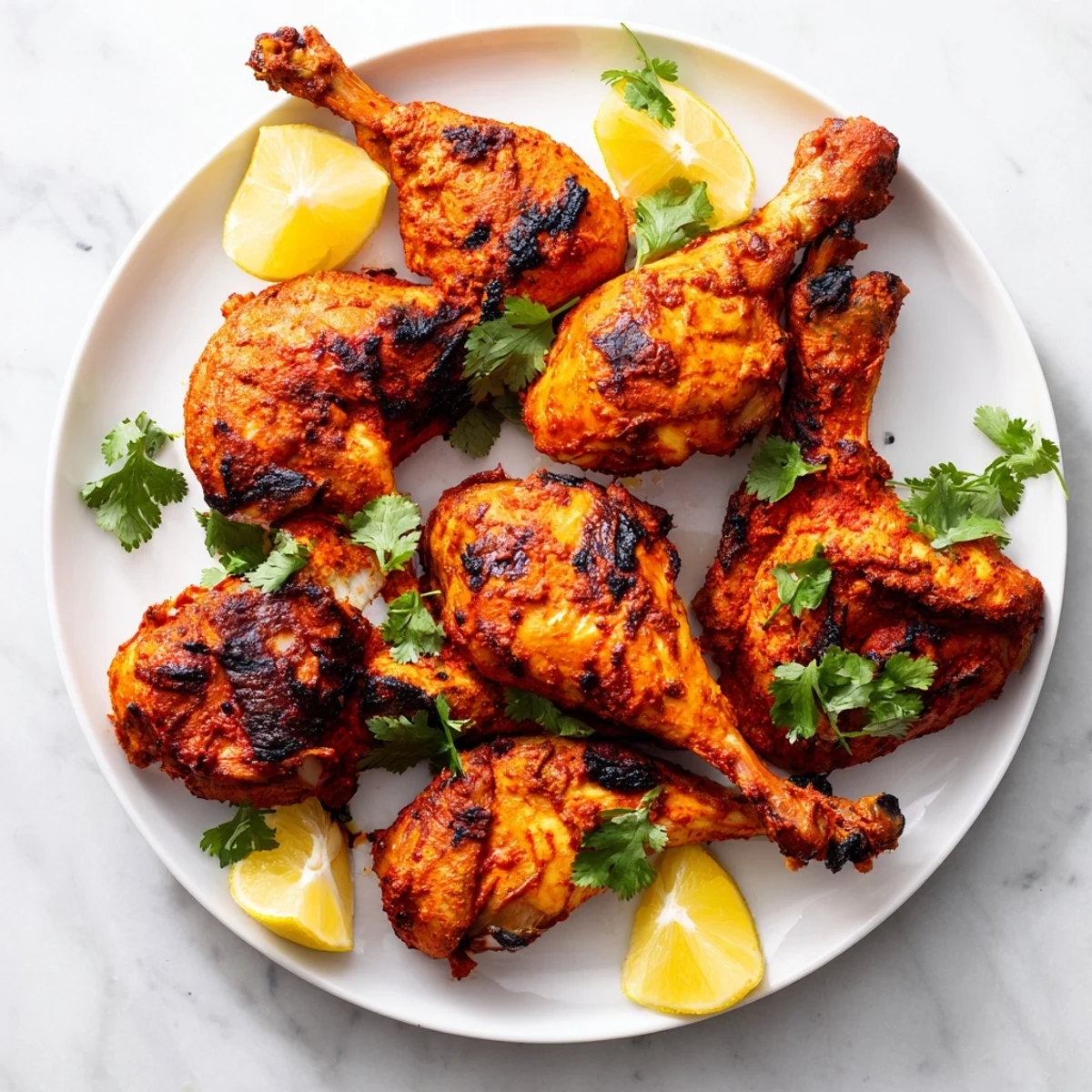 Tandoori chicken yogurt spice dish featuring charred, succulent pieces glazed with melted butter and fresh cilantro