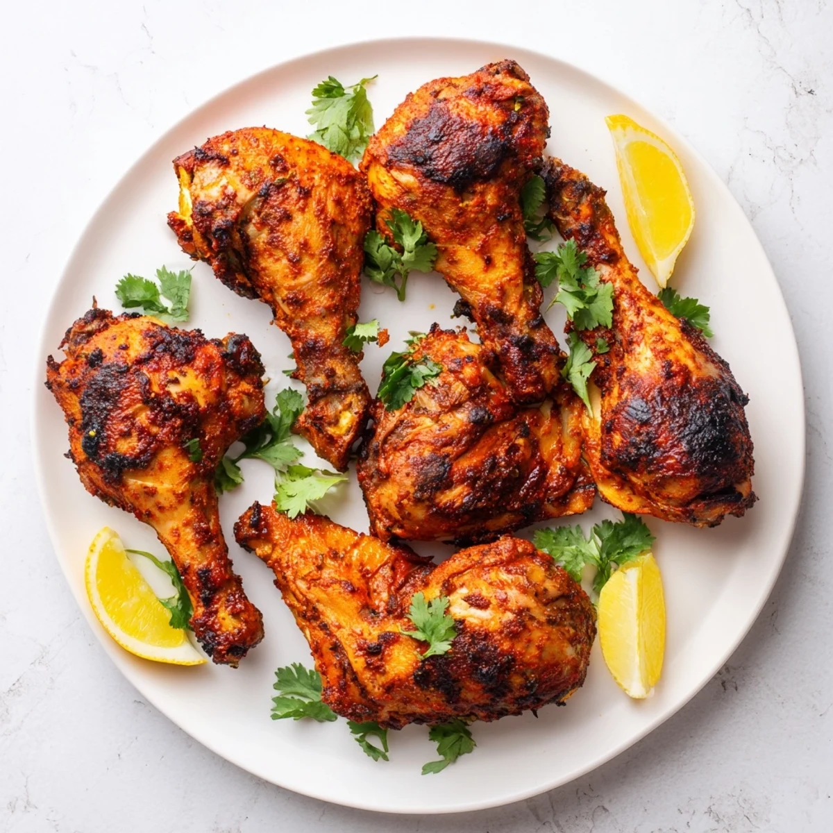 Golden spiced tandoori chicken roasted to smoky perfection with vibrant red marinade and tender meat