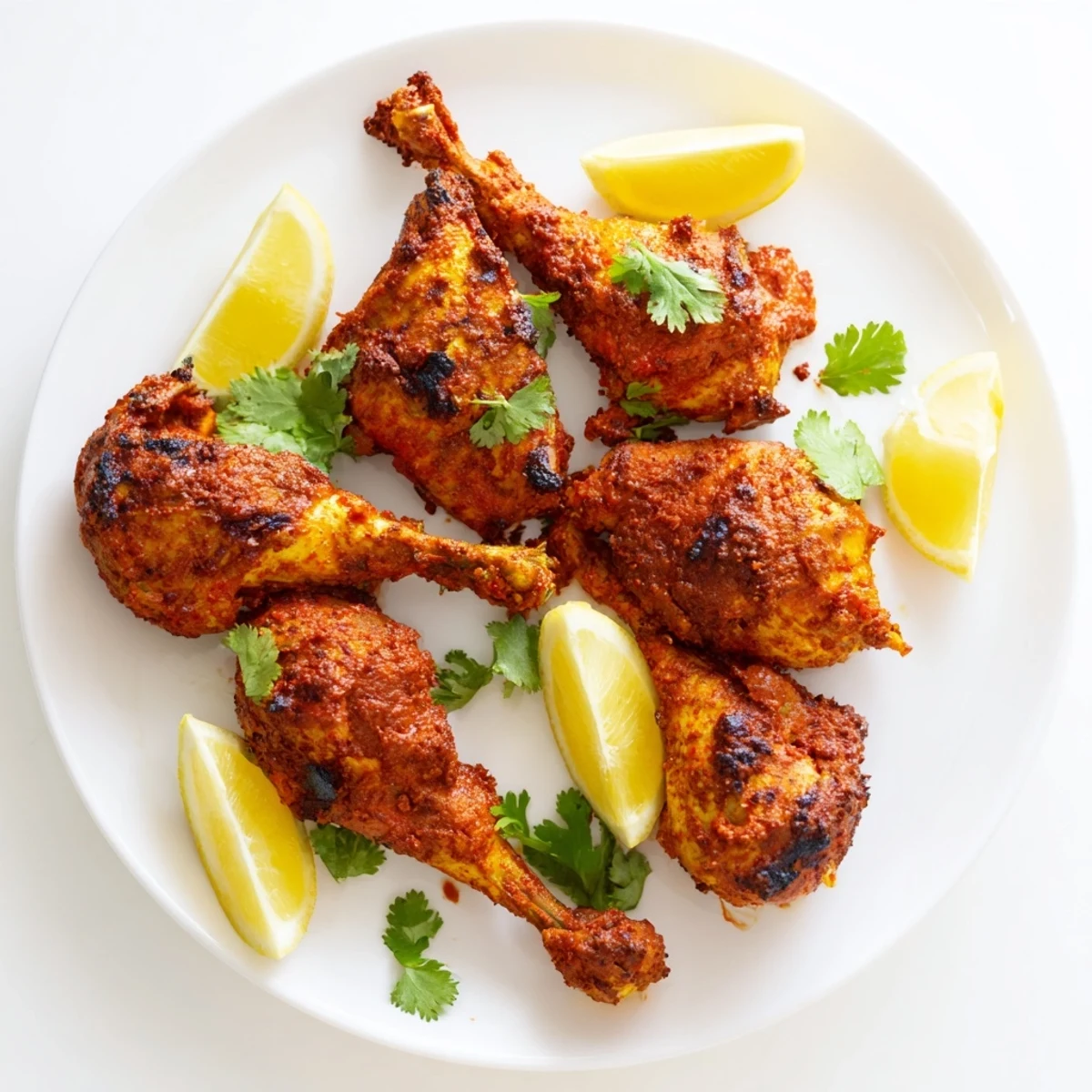Indian tandoori chicken pieces arranged on a serving platter with lemon wedges and herb garnish
