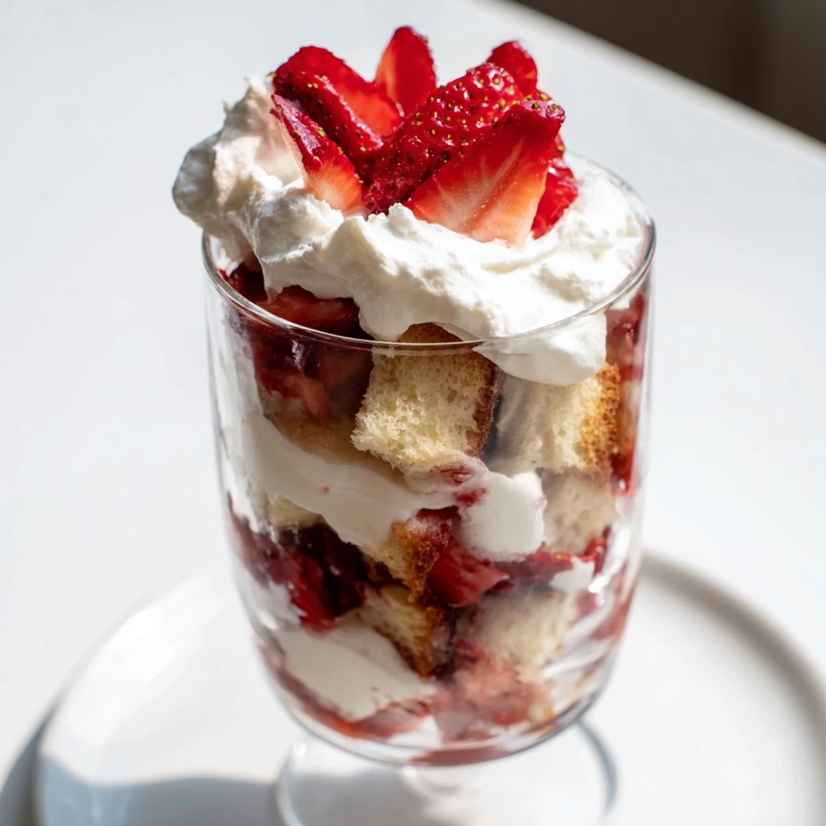 Individual strawberry shortcake trifle dessert showing fresh sliced strawberries, whipped cream peaks, and tender shortcake pieces