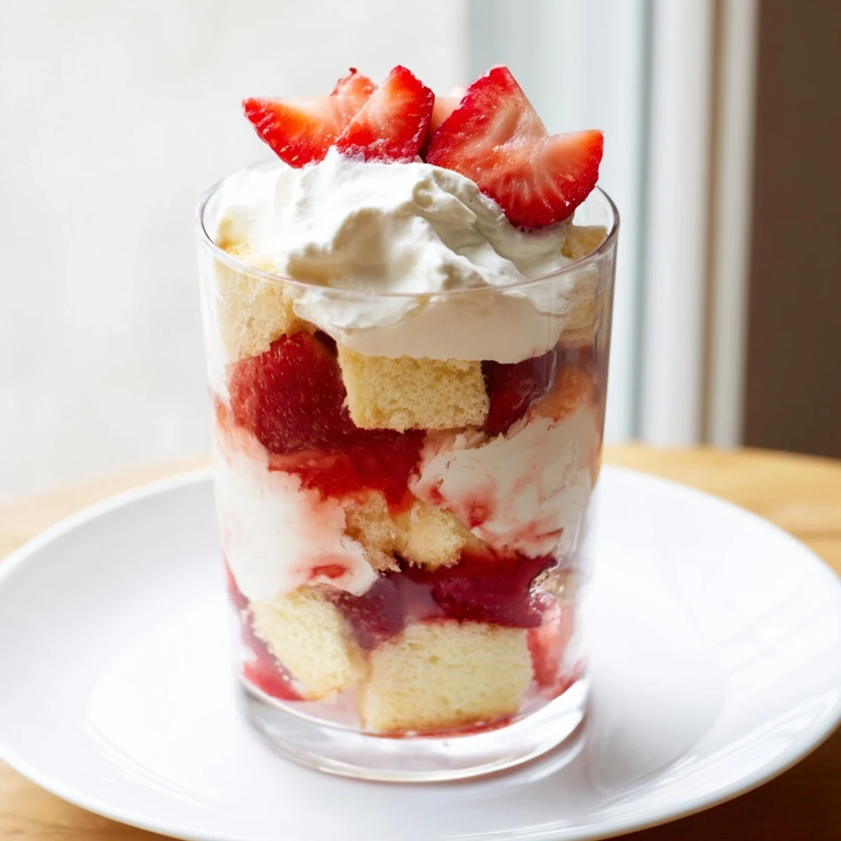 Layered strawberry shortcake trifle with golden cake cubes, juicy red berries, and fluffy white cream in clear glass