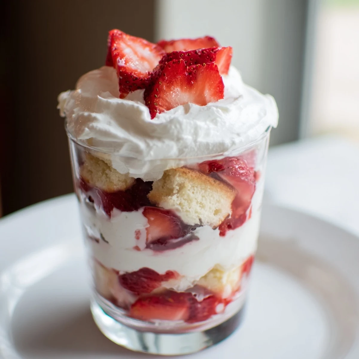 Glass trifles filled with alternating layers of sweetened strawberries, vanilla whipped cream, and baked shortcake squares