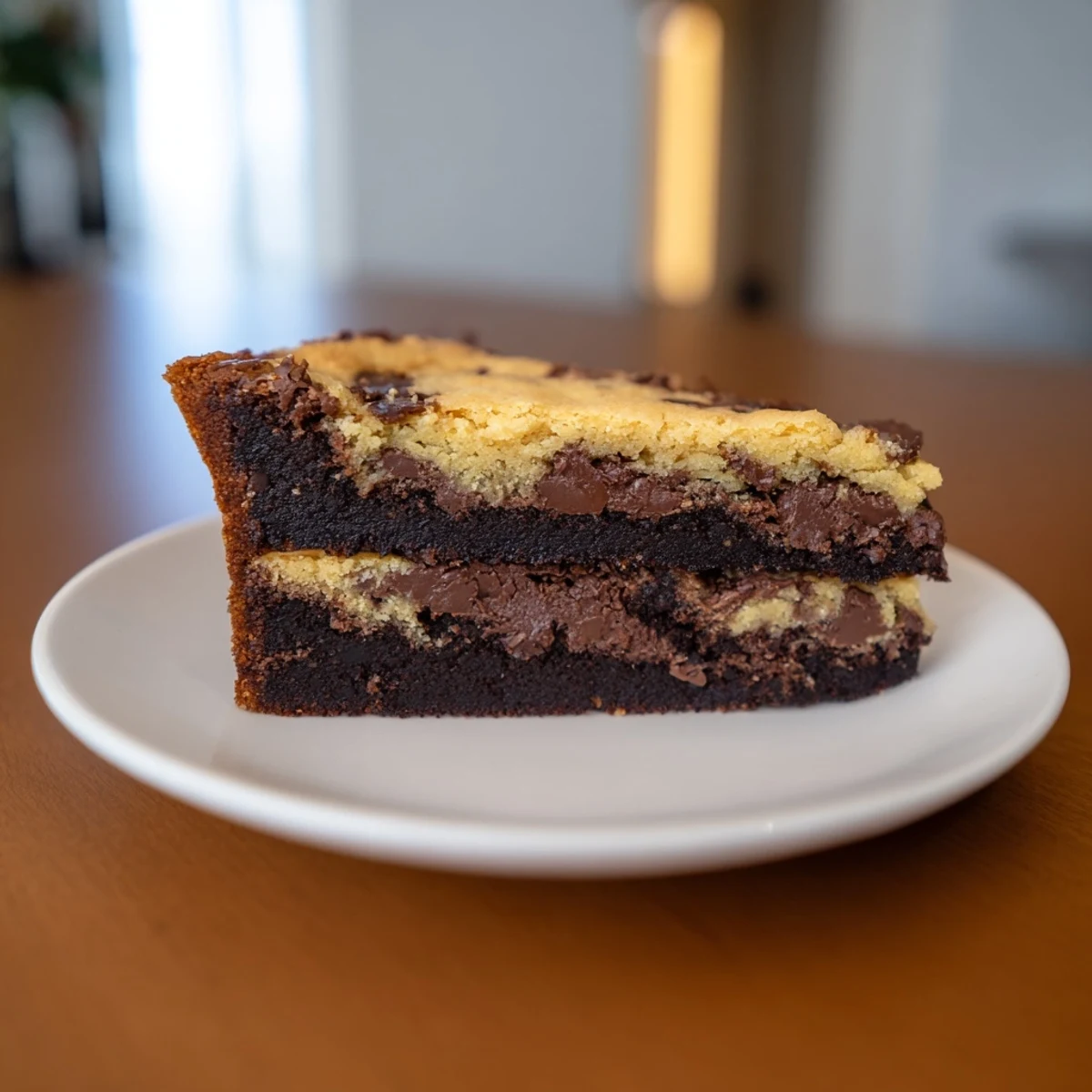 Close up of fudgy chewy brookies cut into squares revealing chocolate chip and brownie layers
