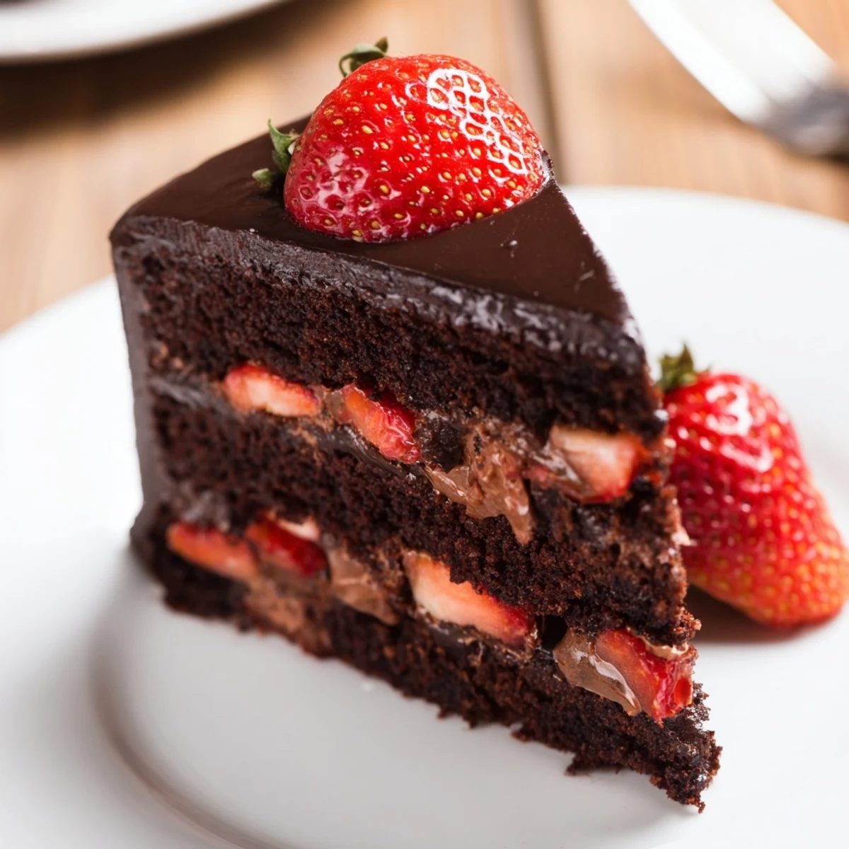 Decadent strawberry chocolate cake with glossy ganache dripping down the sides