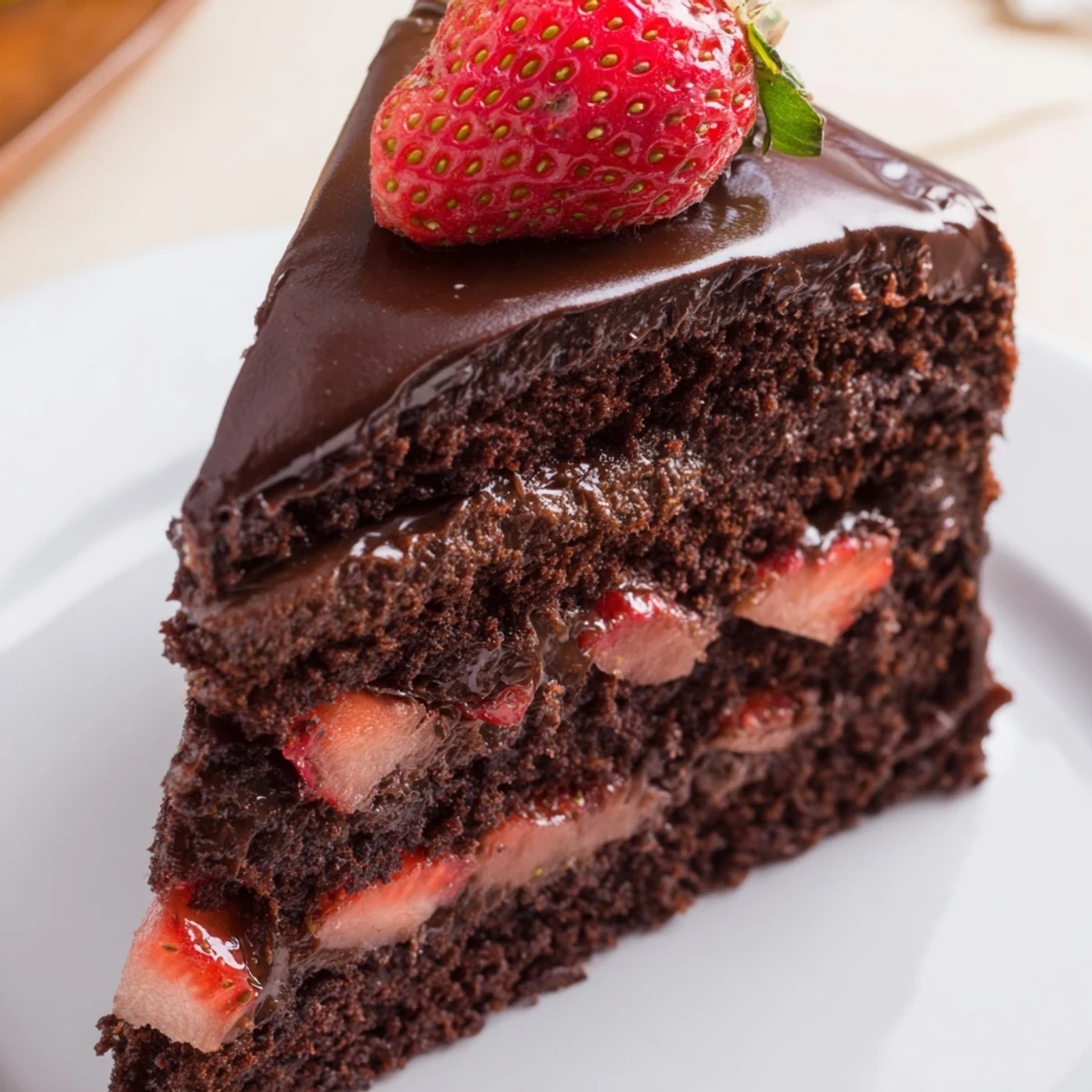Moist chocolate cake layered with fresh strawberries and rich whipped cream frosting