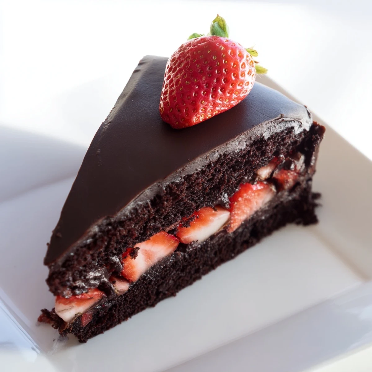 Slice of strawberry chocolate cake showcasing red berries and dark chocolate layers