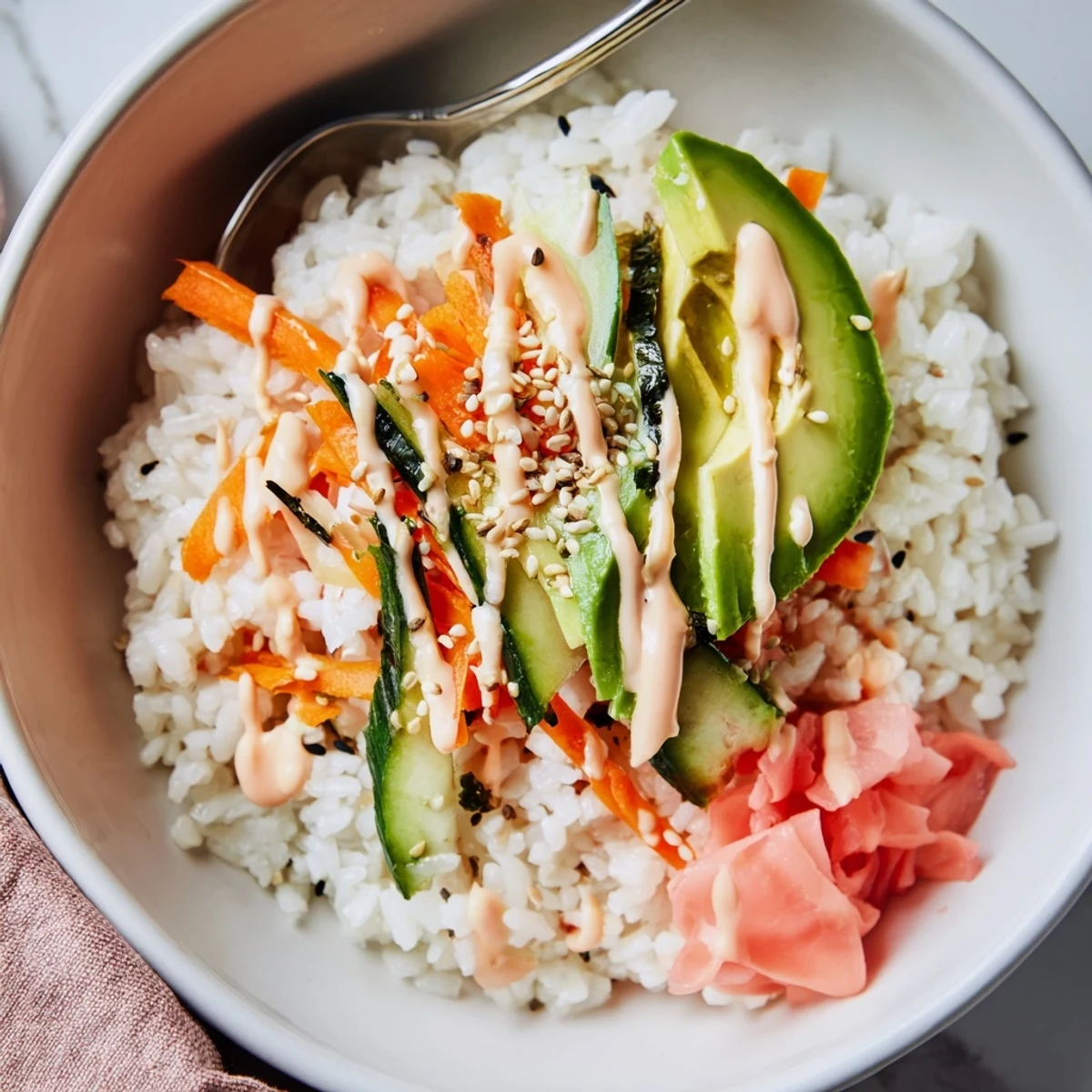 California Roll Sushi Bowls with glossy avocado, sesame, and spicy mayo drizzle