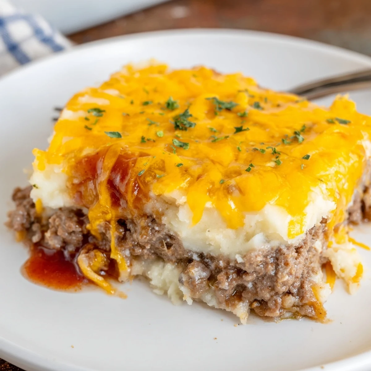Meatloaf Casserole topped with golden cheddar, steaming, perfect for family dinners.
