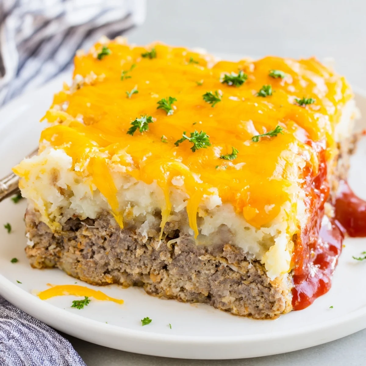 Slice of Meatloaf Casserole reveals juicy layers, mashed potato comfort inside.