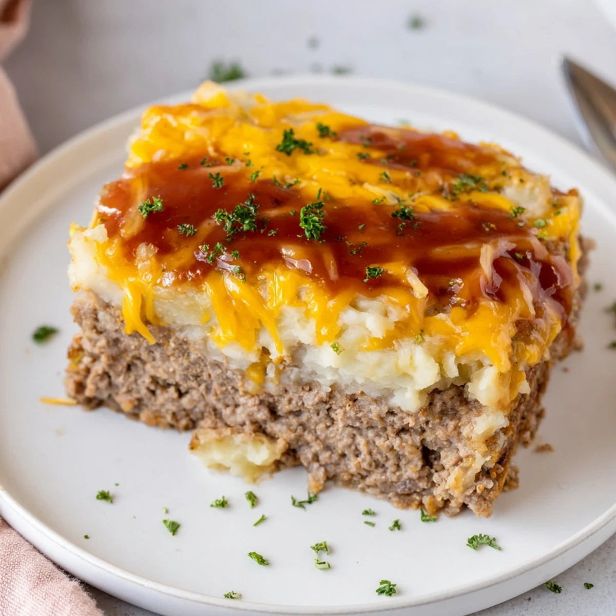 Oven-browned Meatloaf Casserole bubbling with sweet-tangy sauce, ready to serve.
