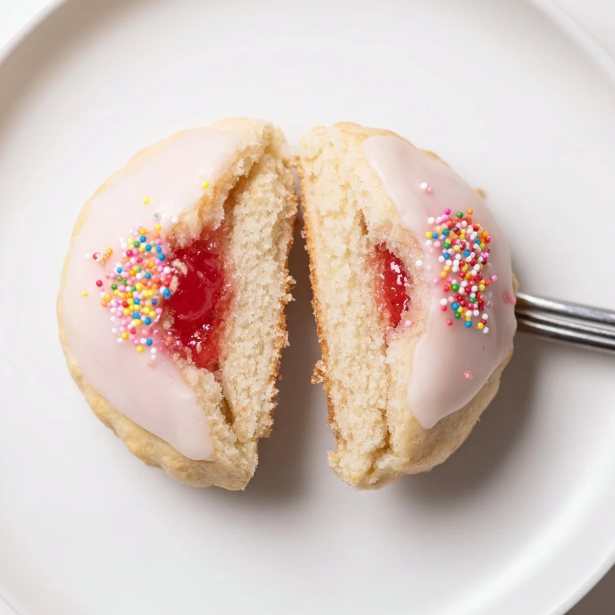 Strawberry Pop Tart Cookies stacked on plate beside cold glass of milk