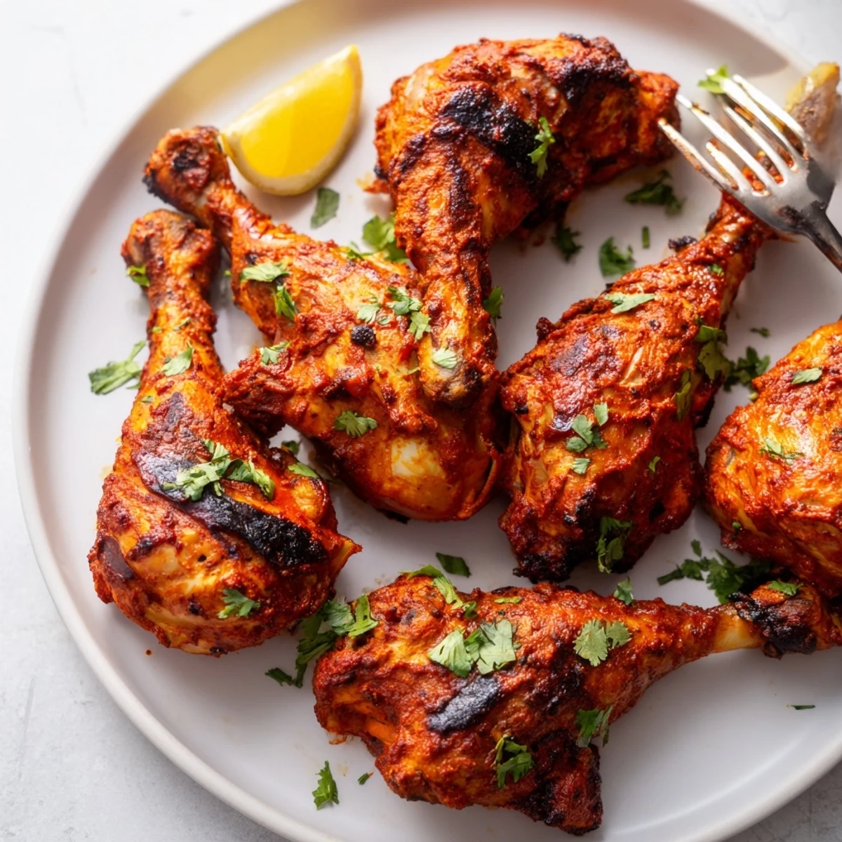 Tandoori Chicken sizzling with charred edges, garnished with cilantro and lemon