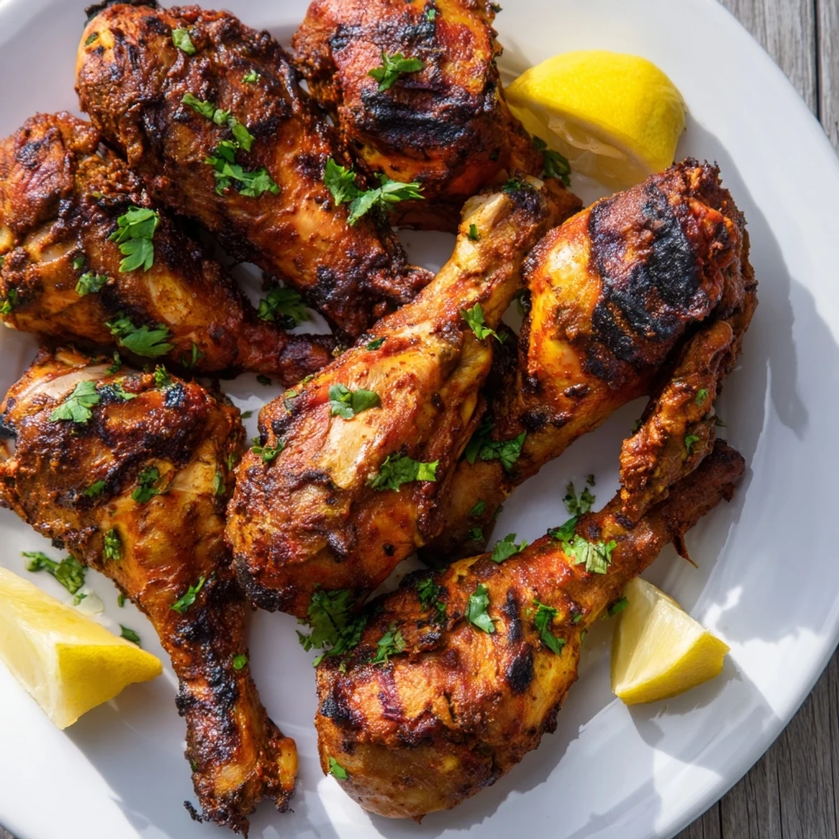 Roasted Tandoori Chicken resting on a wire rack, lemon wedges nearby