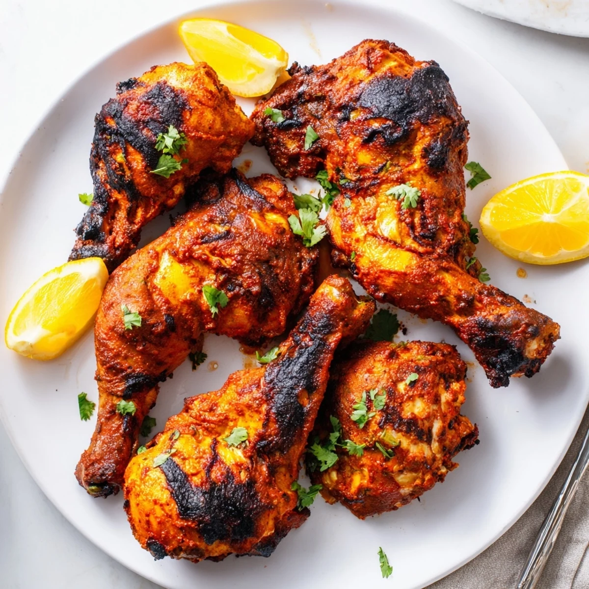Spicy Tandoori Chicken coated in yogurt marinade, smoky aroma, served with naan