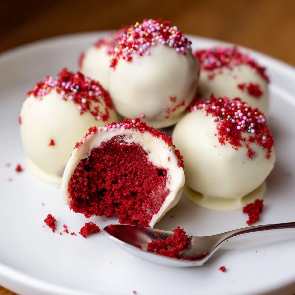 Bite-sized Red Velvet Cheesecake Balls chilled on parchment, creamy center revealed  
