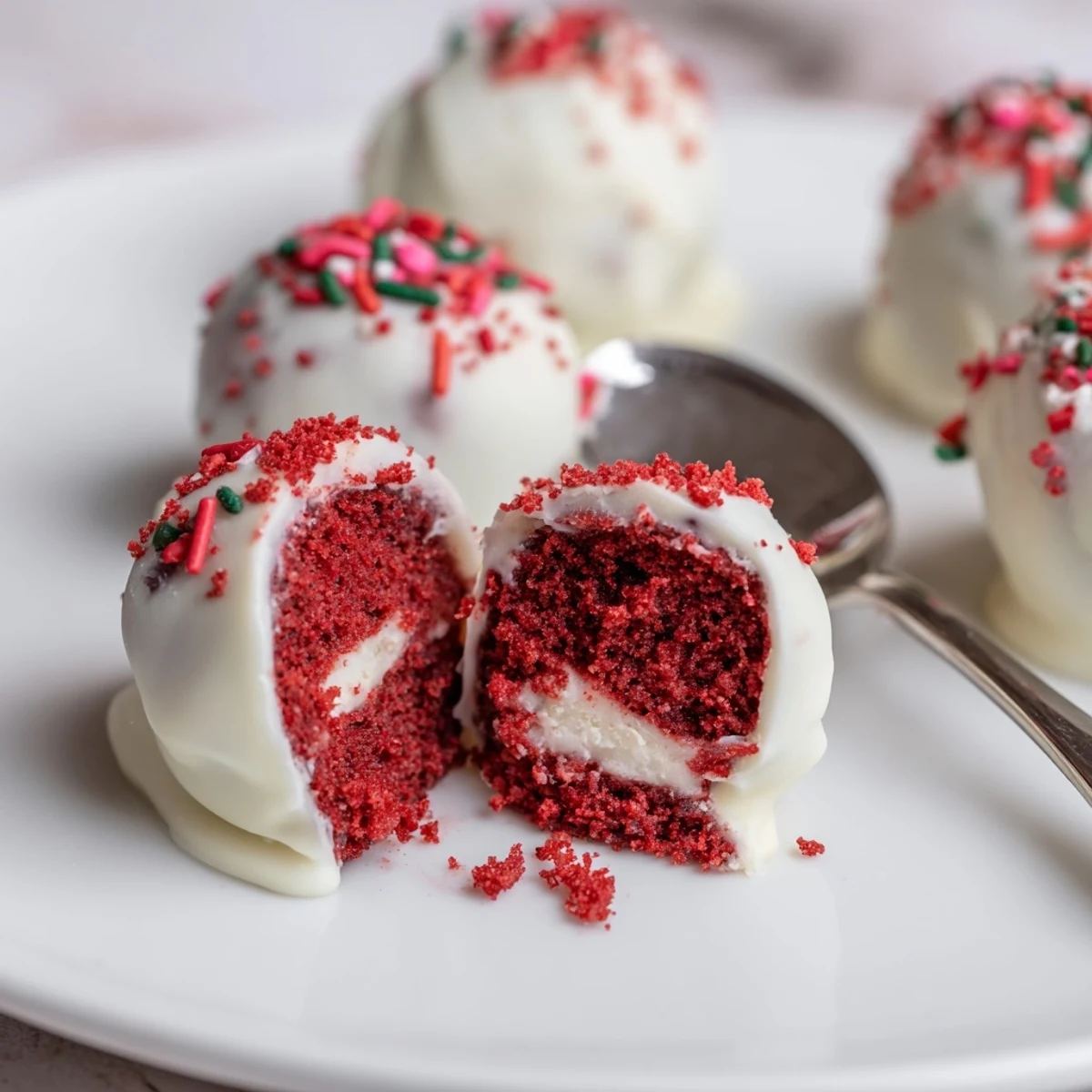 Red Velvet Cheesecake Balls glistening in chocolate, sprinkled with crumbs for parties  