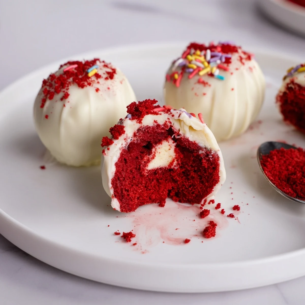 Tray of Red Velvet Cheesecake Balls coated in white chocolate, rich aroma