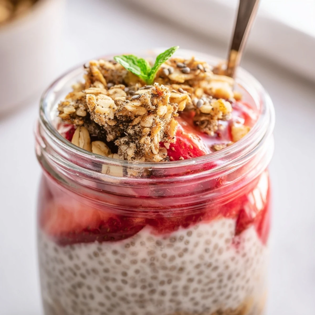 Strawberry Crumble Chia Pudding in a jar with glossy berries and crunchy crumble