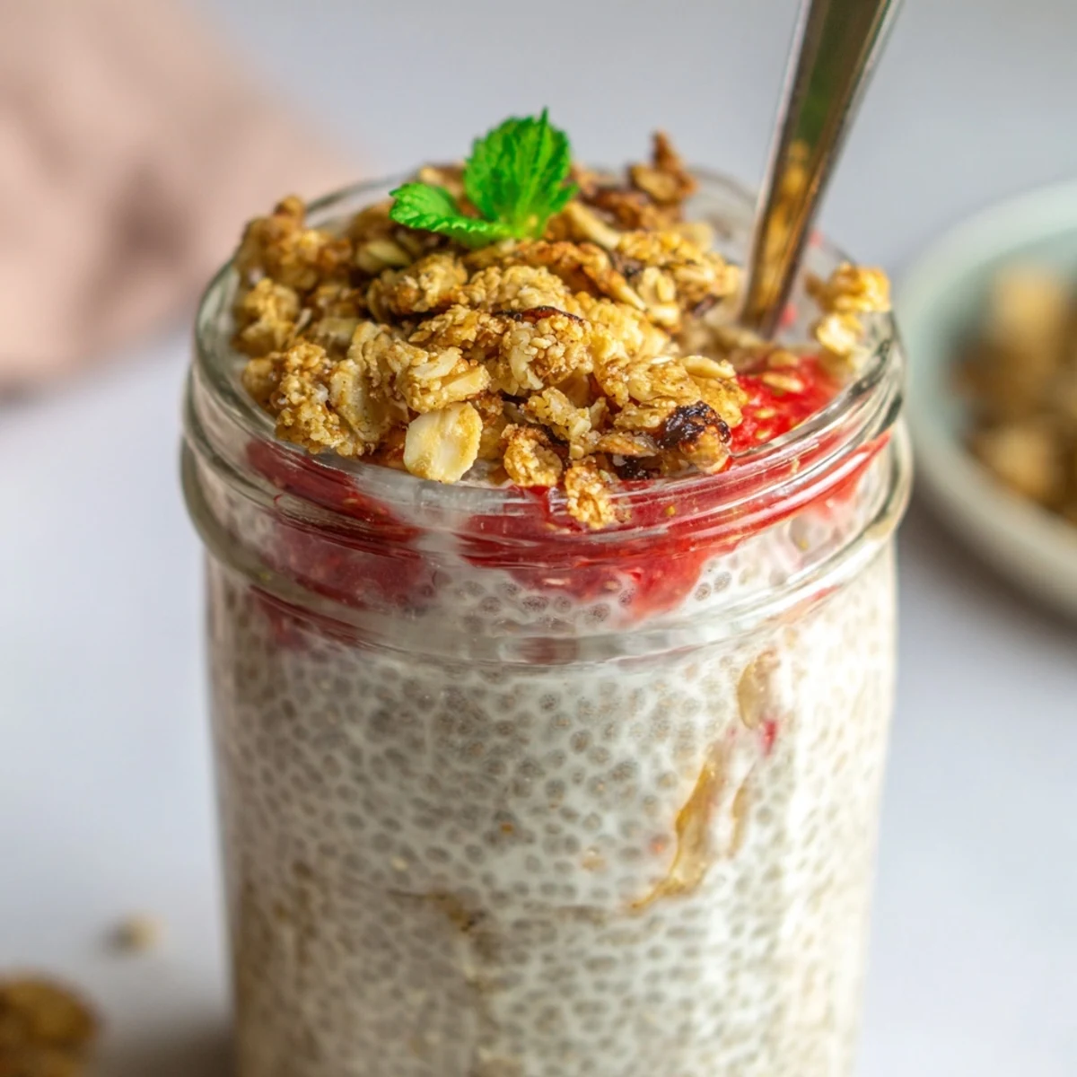 Creamy Strawberry Crumble Chia Pudding layered with bright strawberry compote and oat topping