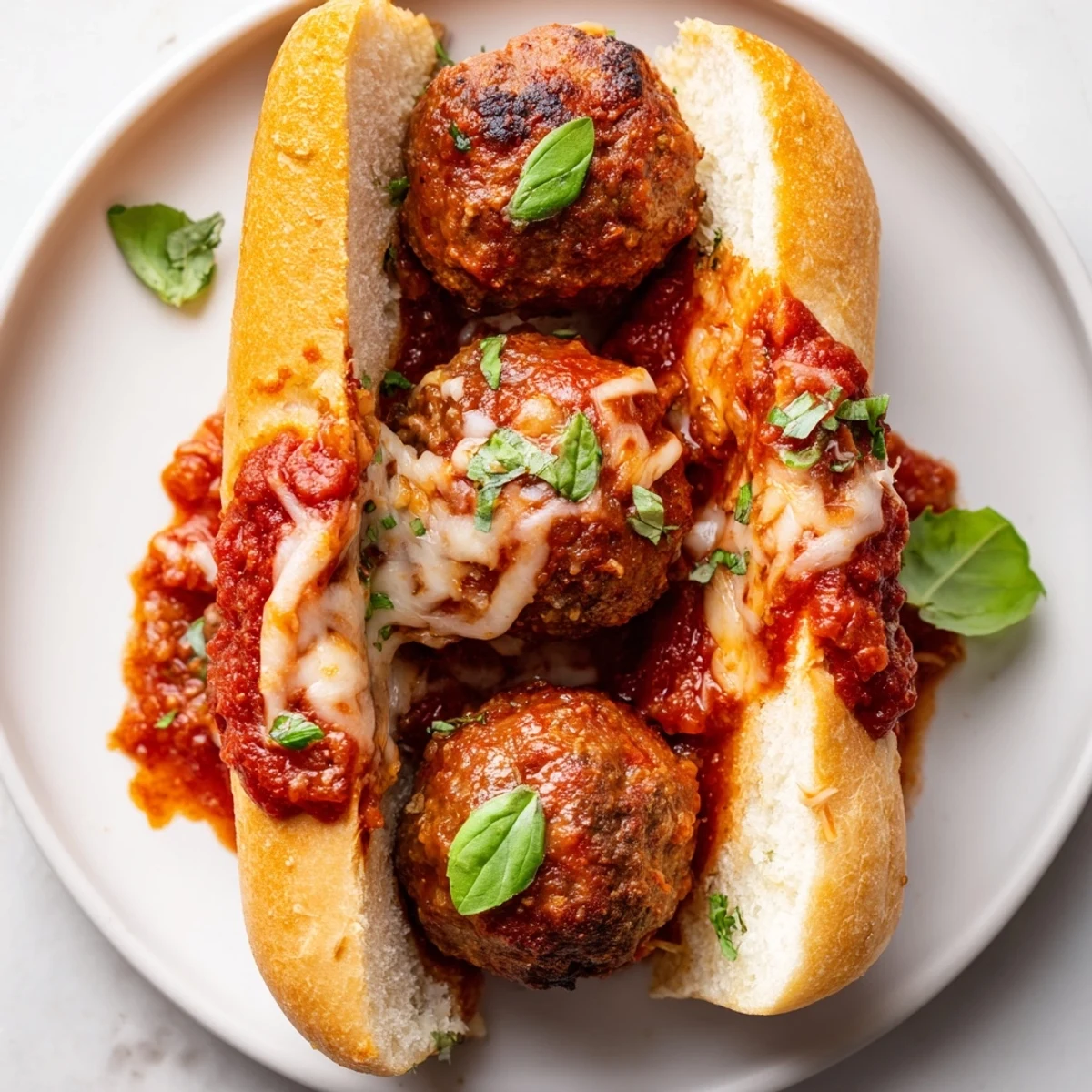 Cheesy Meatball Subs with bubbling mozzarella, rich marinara, toasted golden sub roll