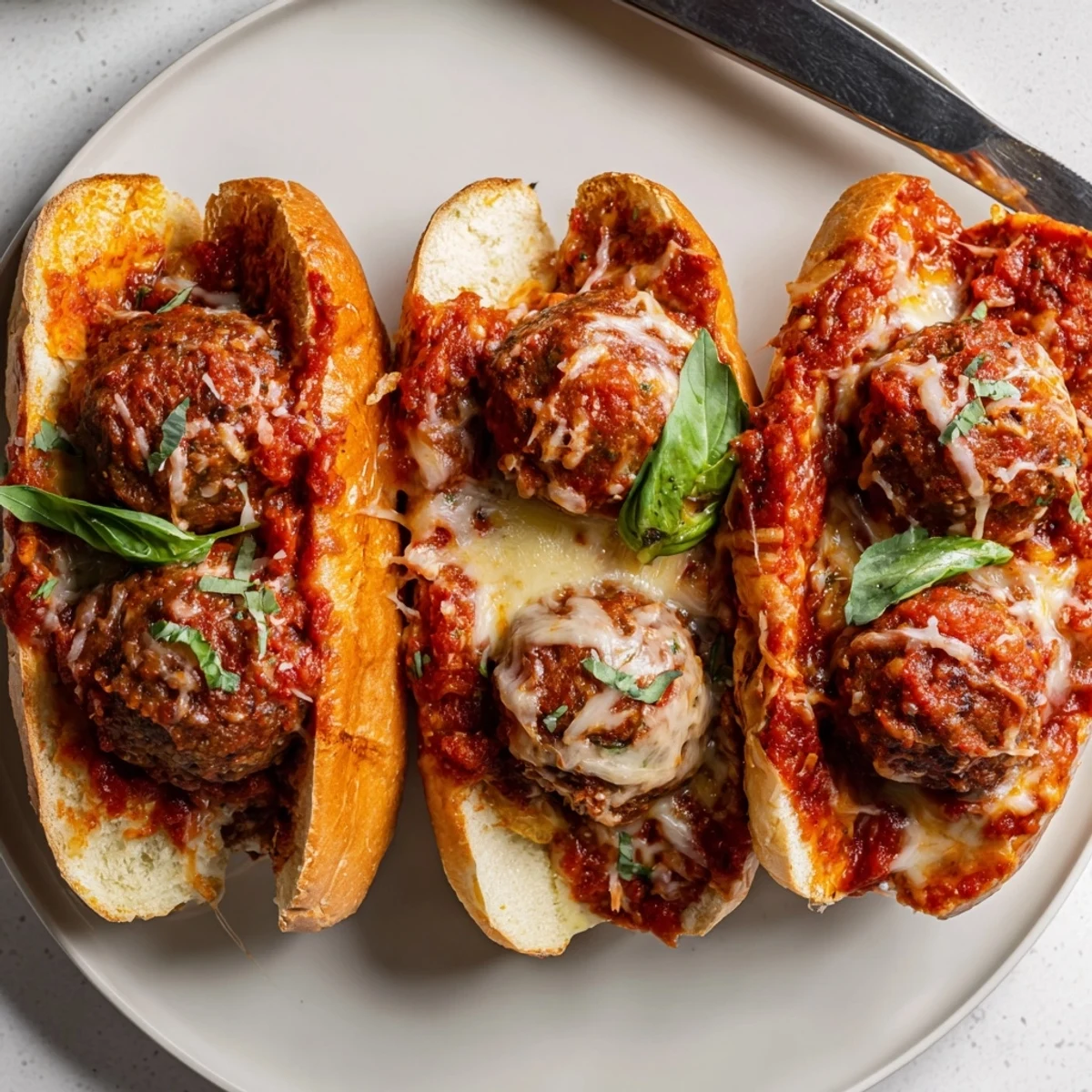 Warm Cheesy Meatball Subs piled with saucy beef meatballs and fresh basil