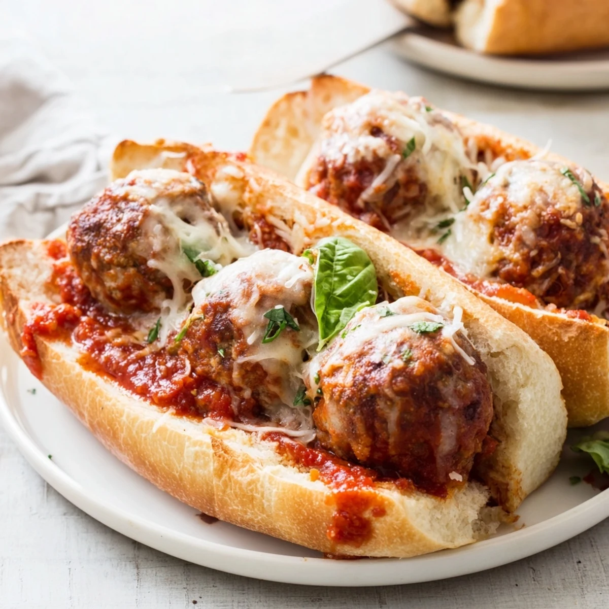 Oven-broiled Cheesy Meatball Subs melting cheese over simmered meatballs, ready to serve