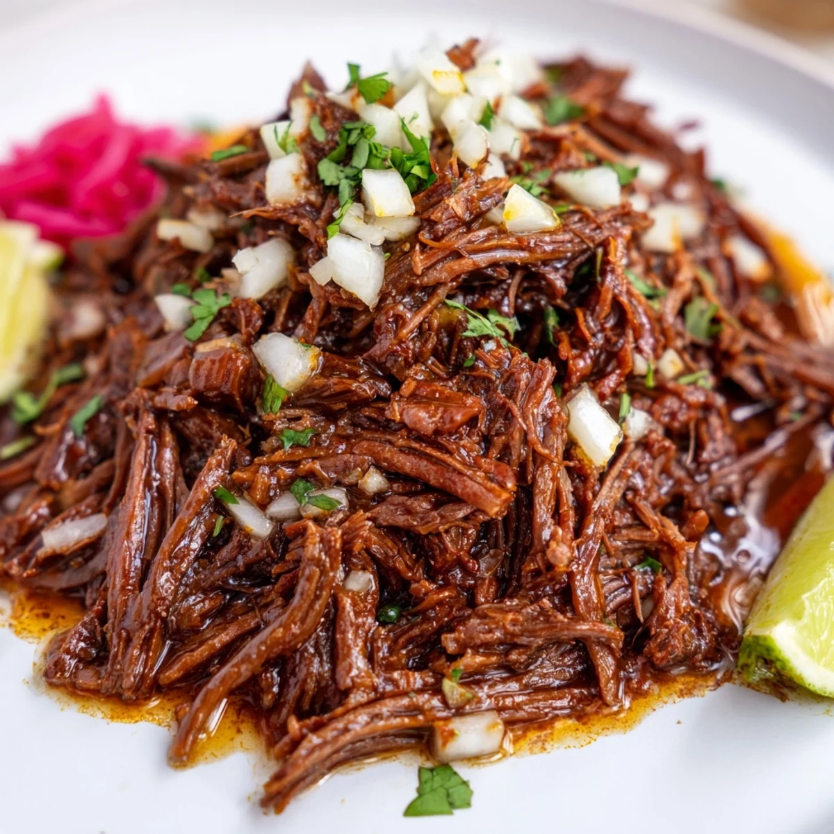 Slow Cooker Beef Barbacoa piled on warm tortillas, tender, smoky, juicy