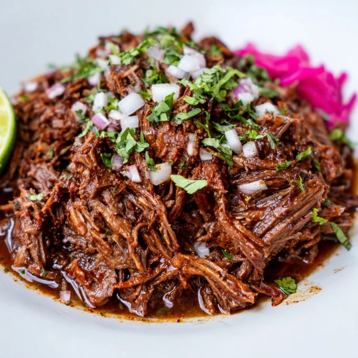 A bowl of vibrant Slow Cooker Beef Barbacoa with cilantro and onions
