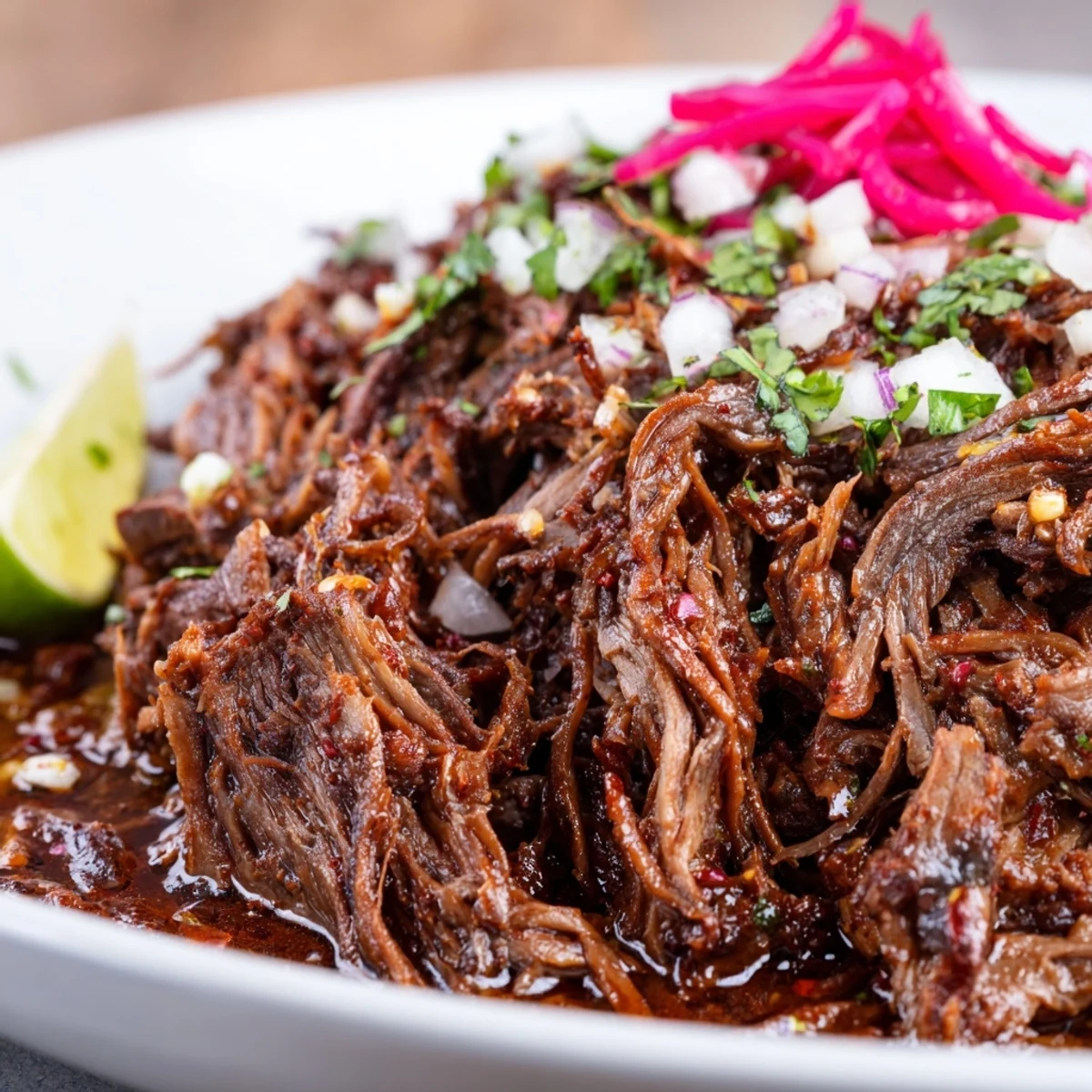 Shredded, fork-tender Slow Cooker Beef Barbacoa steaming beside lime wedges
