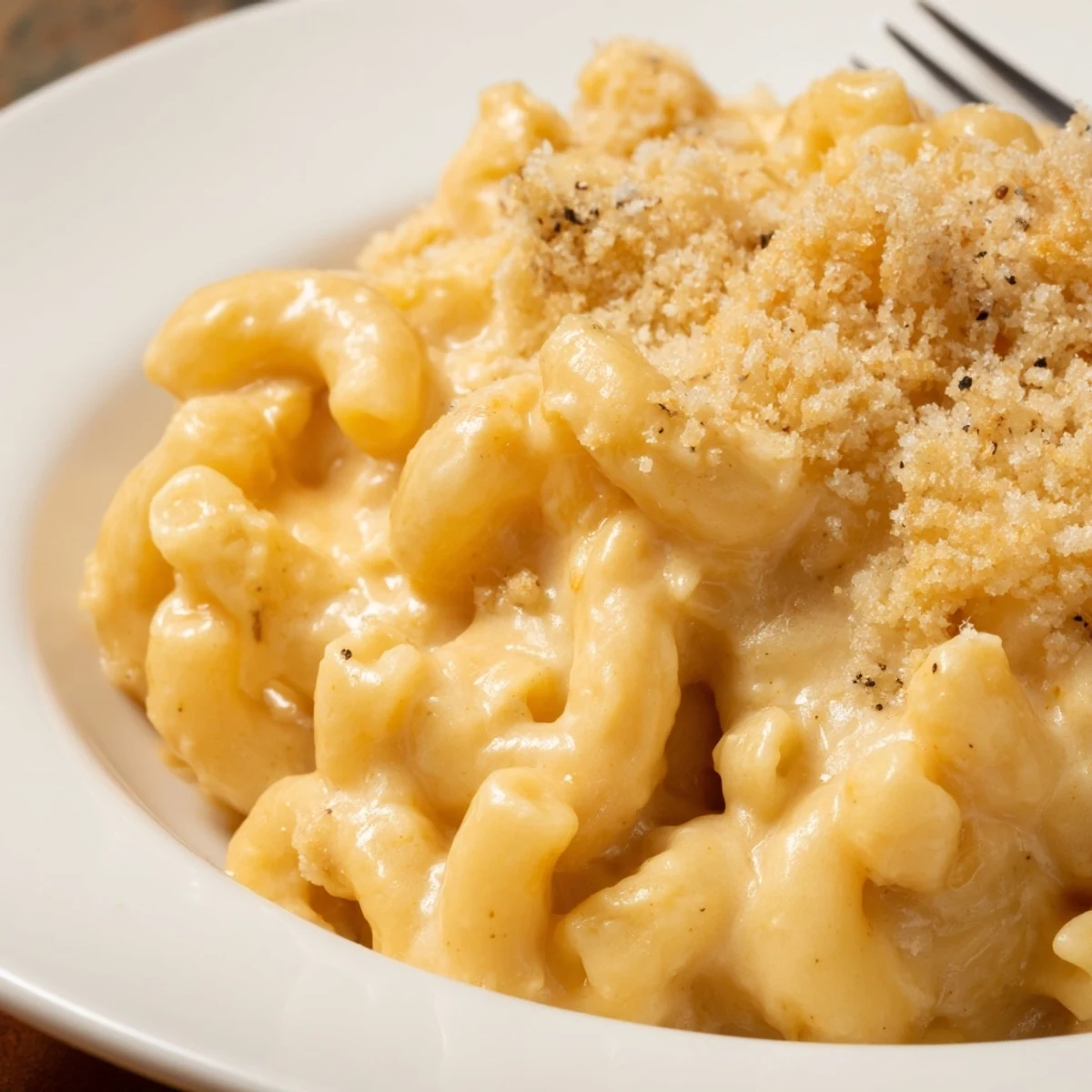 Creamy Mac And Cheese bubbling in a skillet, golden breadcrumb topping crisp.