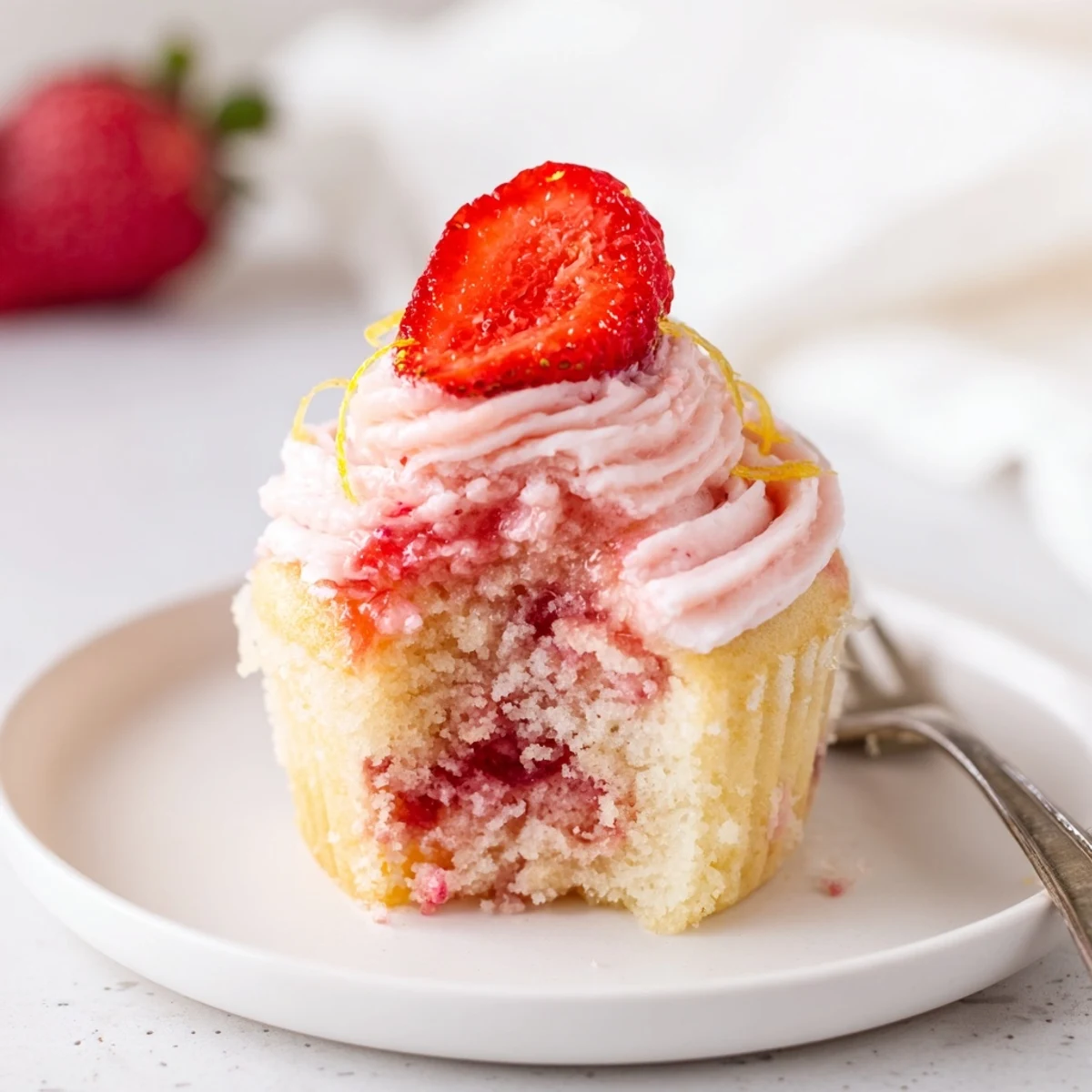 Strawberry Lemonade Cupcakes with swirls of pink buttercream, sprinkled lemon zest.