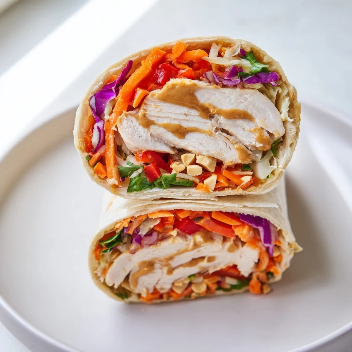 Thai Peanut Chicken Wraps filled with tender chicken, crunchy cabbage, and creamy sauce