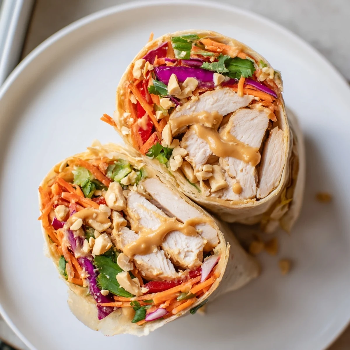 Colorful Thai Peanut Chicken Wraps on soft tortillas, topped with cilantro and lime