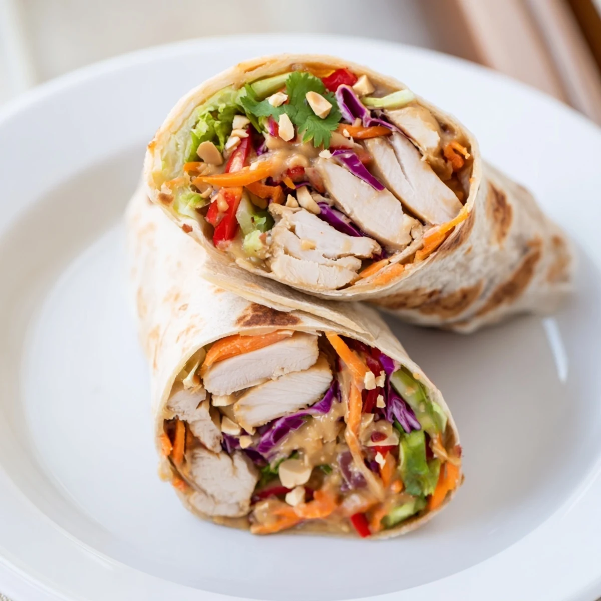 Warm Thai Peanut Chicken Wraps sliced in half, drizzled with extra peanut sauce